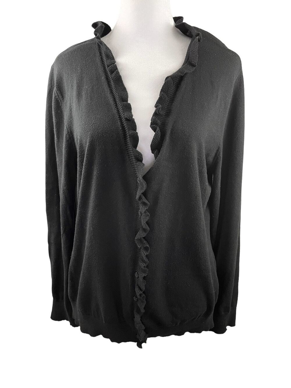 Lauren Ralph Lauren L V-neck Cardigan Sweater Ruffle Black Button Up 100% Cotton